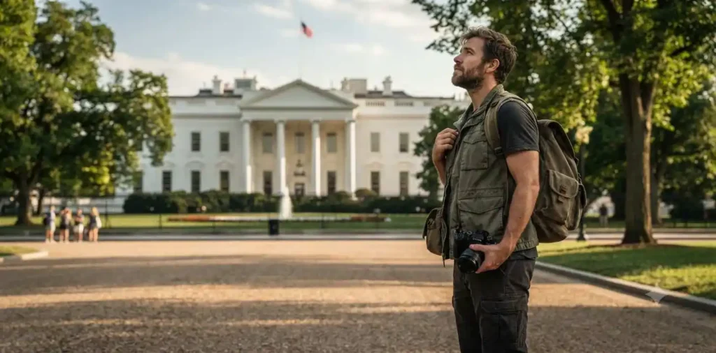 Traveler admiring the White House from the sidewalk