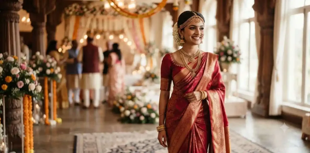 Bride smiling in an elegant red wedding saree