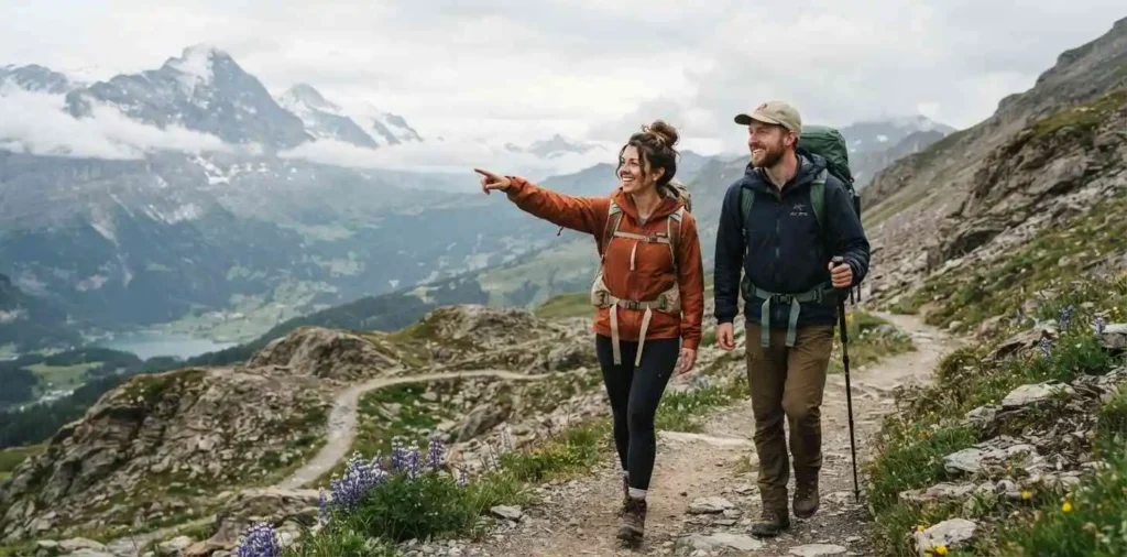 Couple exploring a scenic mountain trail