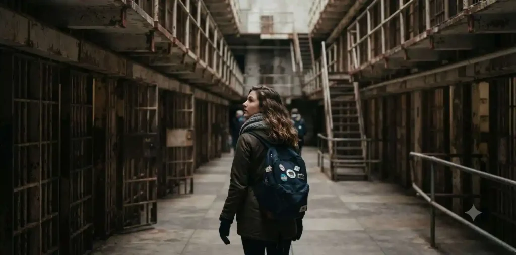 Visitor exploring historic prison corridor