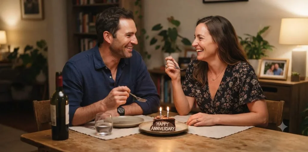 Couple celebrating anniversary together at home