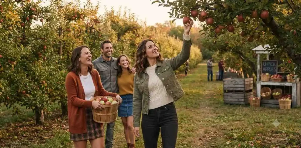 Friends picking apples together in an autumn orchard