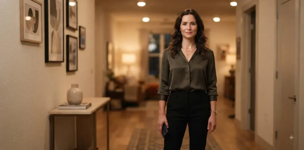 Confident woman standing alone indoors