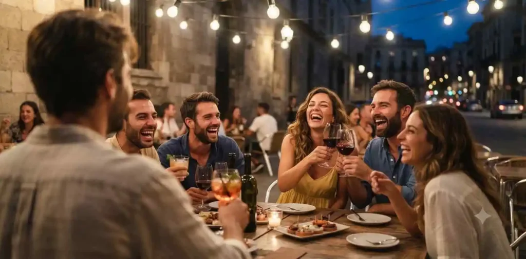 Friends laughing beneath warm summer lights