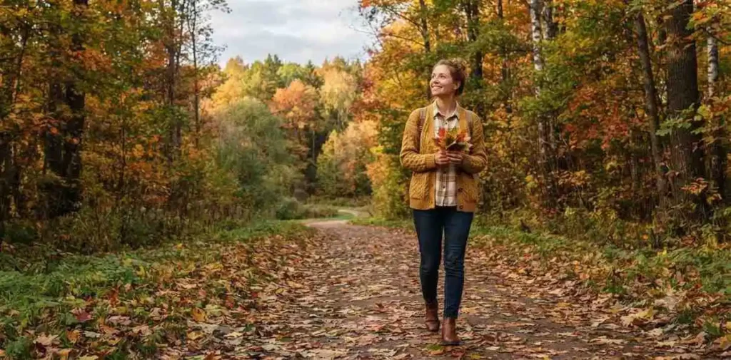 Woman walking through colorful autumn leaves