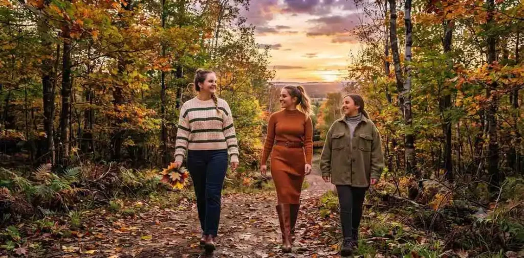 Woman walking through autumn trees at sunset