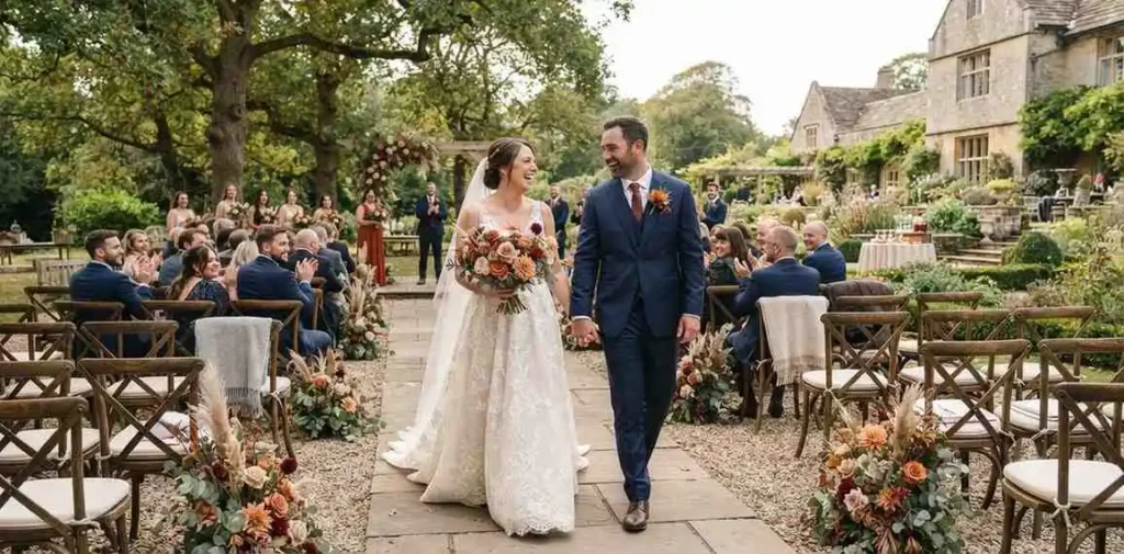 Couple celebrating at an autumn wedding