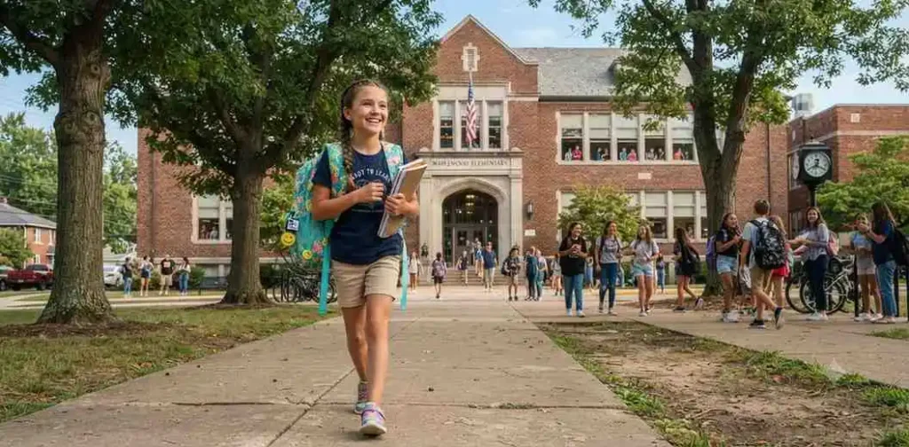 Student walking toward school with backpack