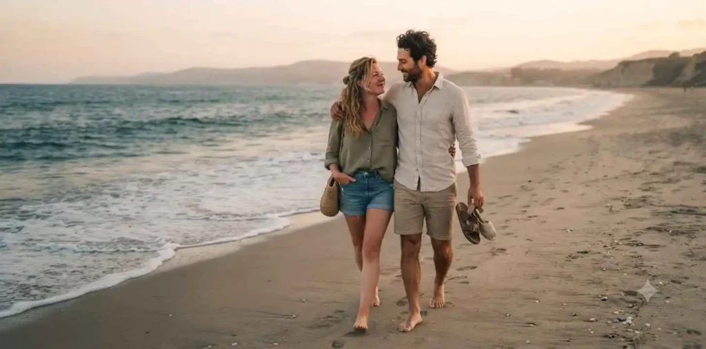 Friends walking beside the beach at summer's end