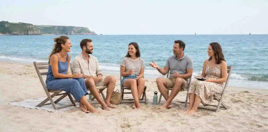Friends relaxing together beside the beach