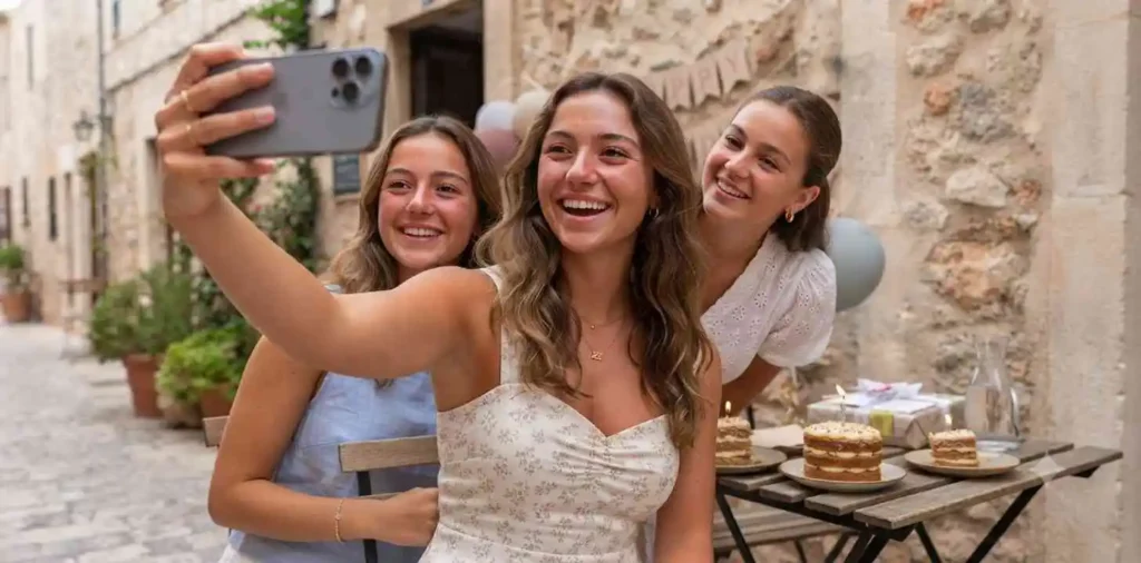 Young woman taking a birthday selfie outdoors