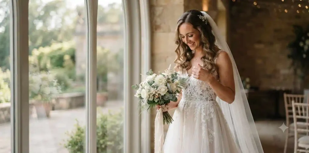 Bride showcasing elegant wedding dress indoors