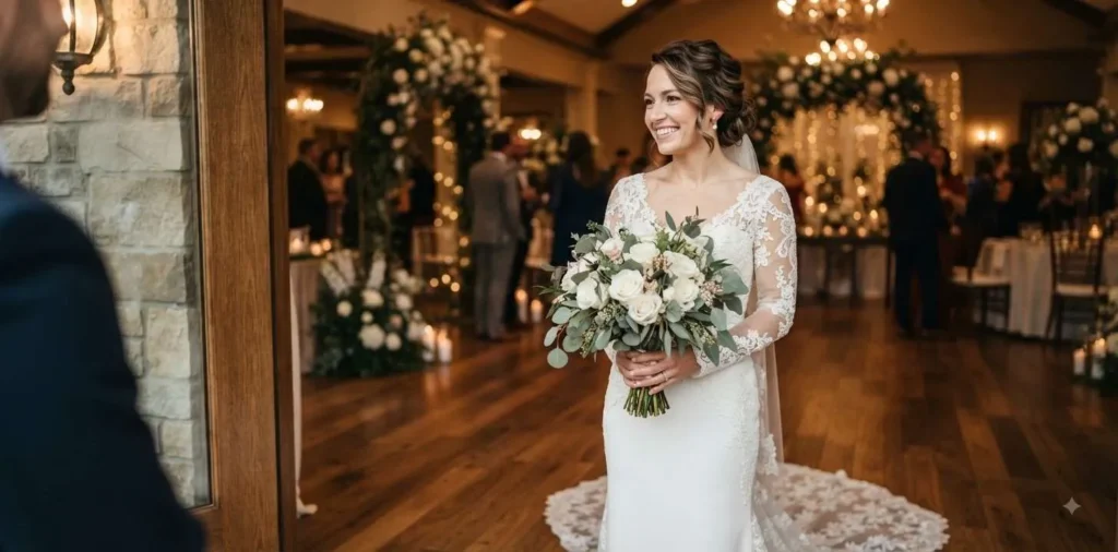 Bride smiling in an elegant wedding dress
