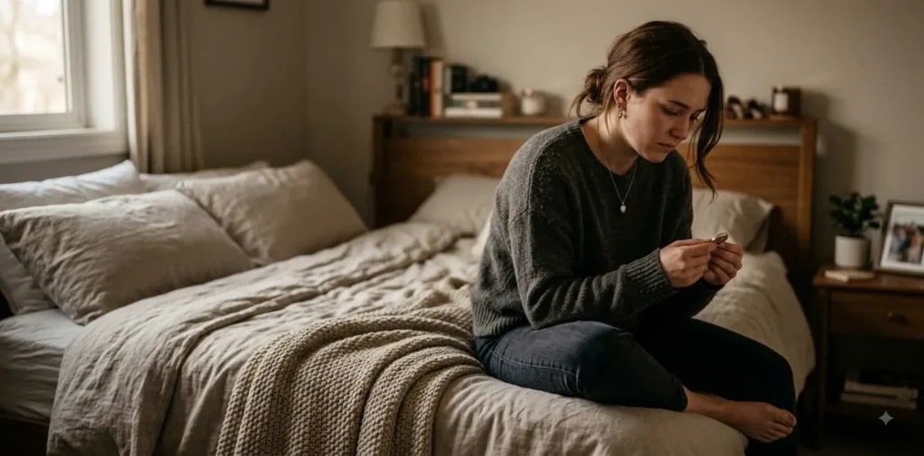 Young adult reflecting alone in a quiet room