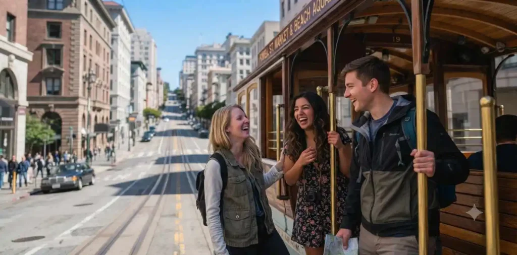 Friends riding a cable car downtown