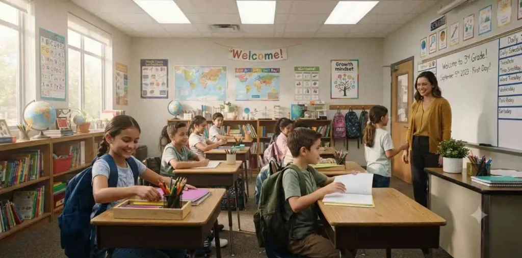 Students settling into a bright classroom