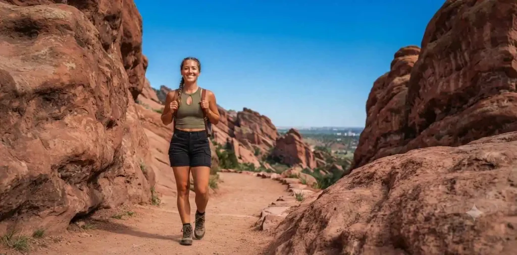 Traveler exploring Red Rocks Park trail