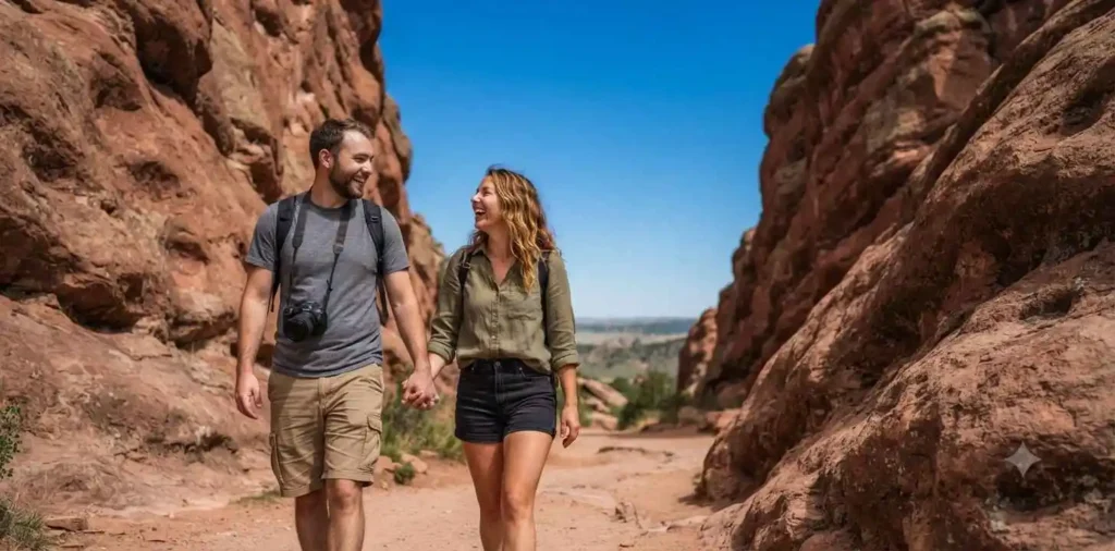 Couple walking among red rock formations