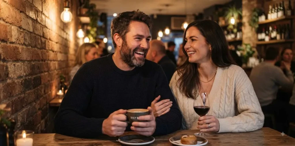 Married couple laughing together in a city café