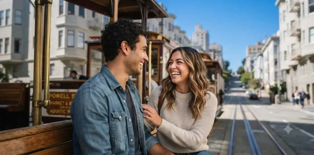 Couple smiling aboard a cable car
