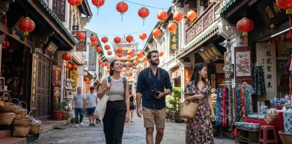 Travelers enjoying authentic Chinatown cultural traditions