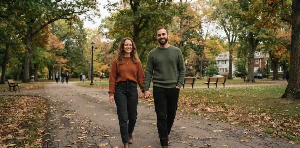 Friends walking through an early fall park