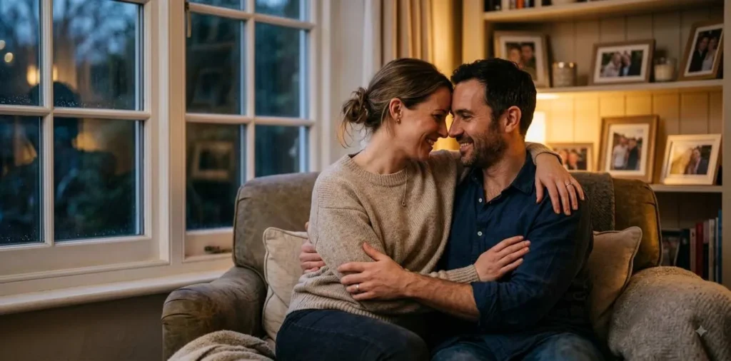 Couple sharing a heartfelt anniversary embrace