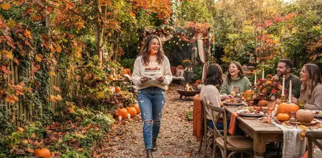 Birthday celebration surrounded by colorful autumn leaves