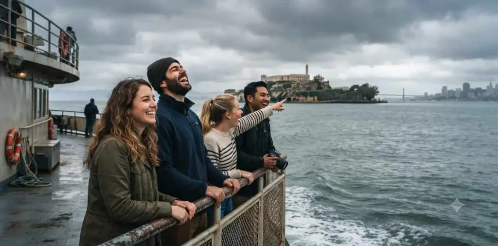 Travelers enjoying ferry across San Francisco Bay