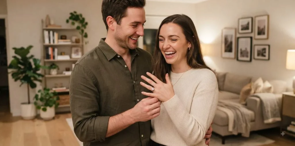 Engaged couple celebrating together indoors