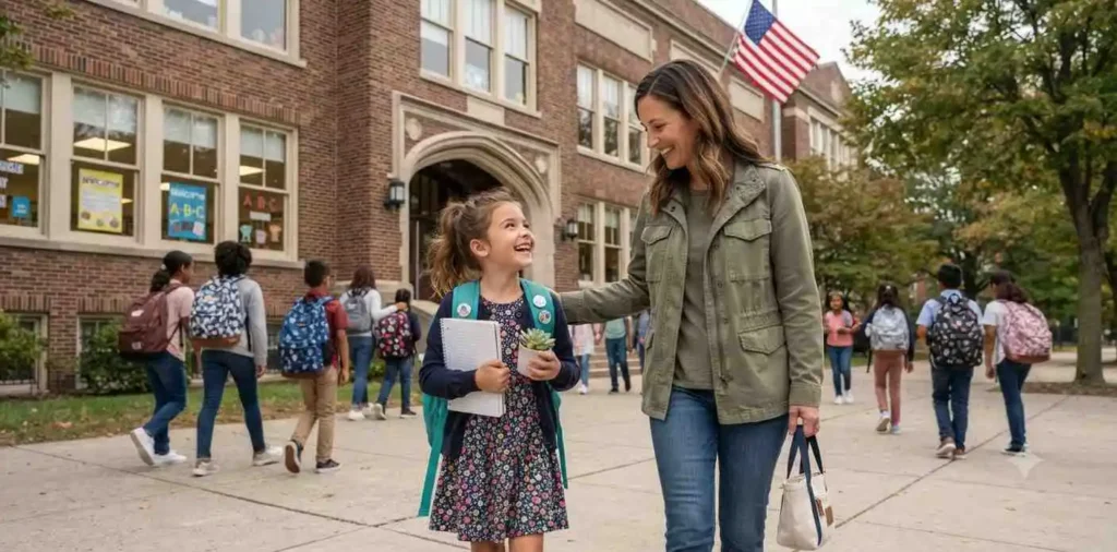 Student smiling outside school on September morning