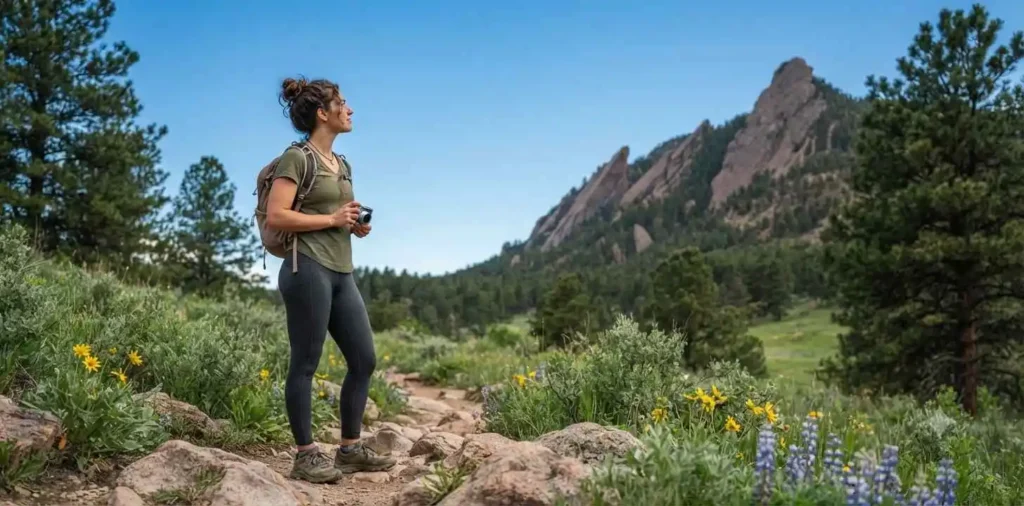 Hiker admiring the Flatirons from a mountain trail