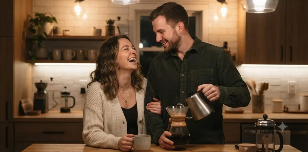Young couple laughing together at home
