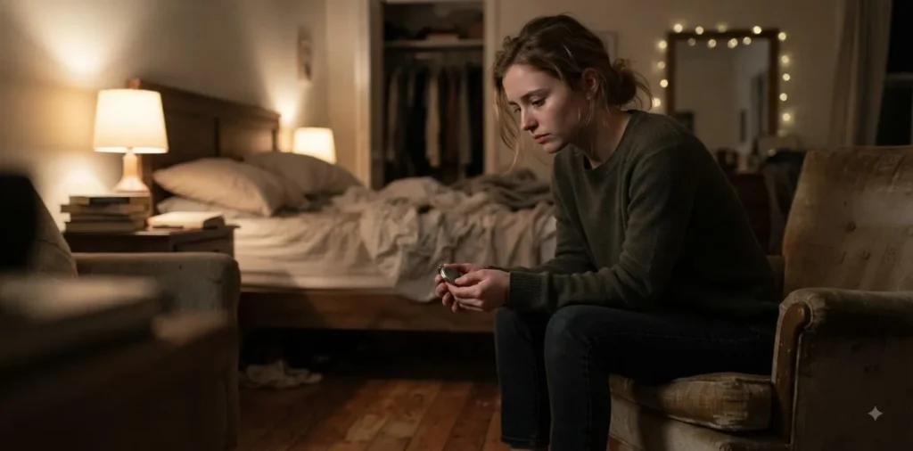Person reflecting alone in a quiet bedroom