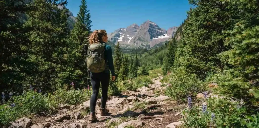 Hiker walking along a mountain trail