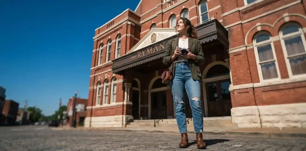 Traveler admiring historic concert venue