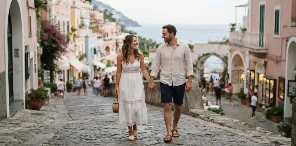 Newlywed couple exploring a romantic coastal town