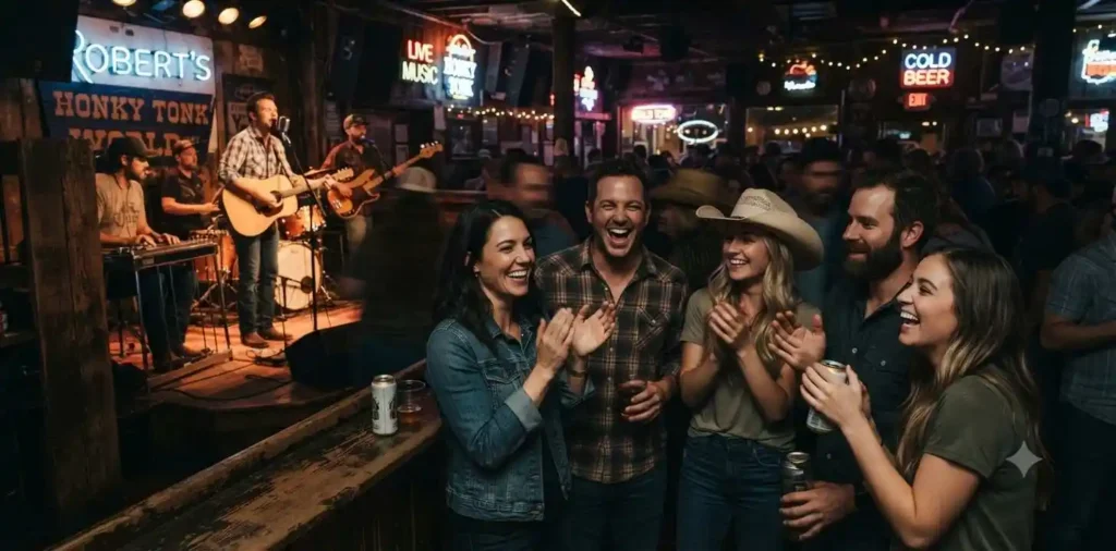 Friends enjoying live country music indoors