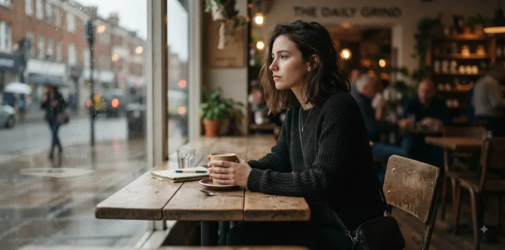 Person sitting alone at an empty café table