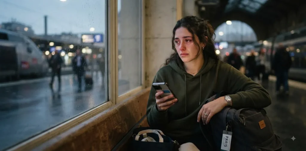 Person looking at phone during long distance relationship