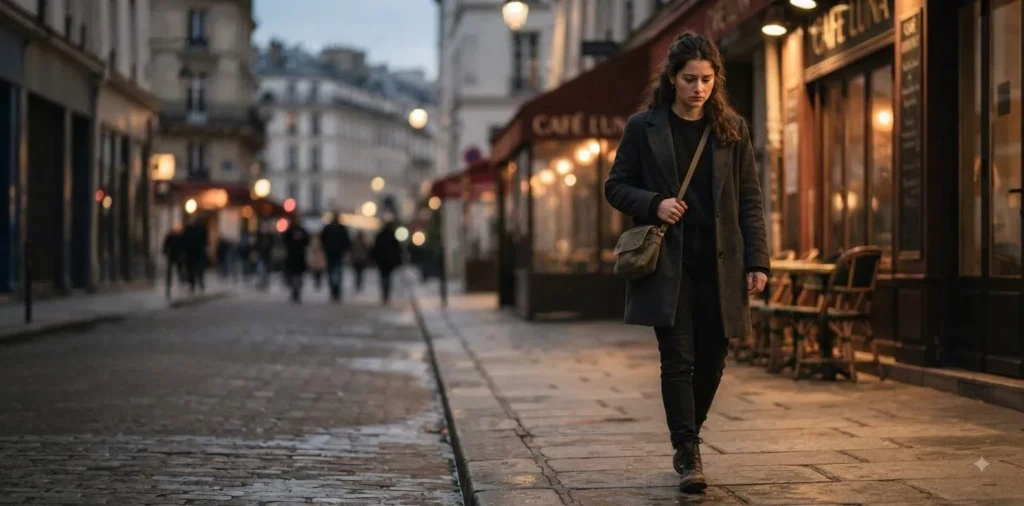 Person walking alone through a quiet city street