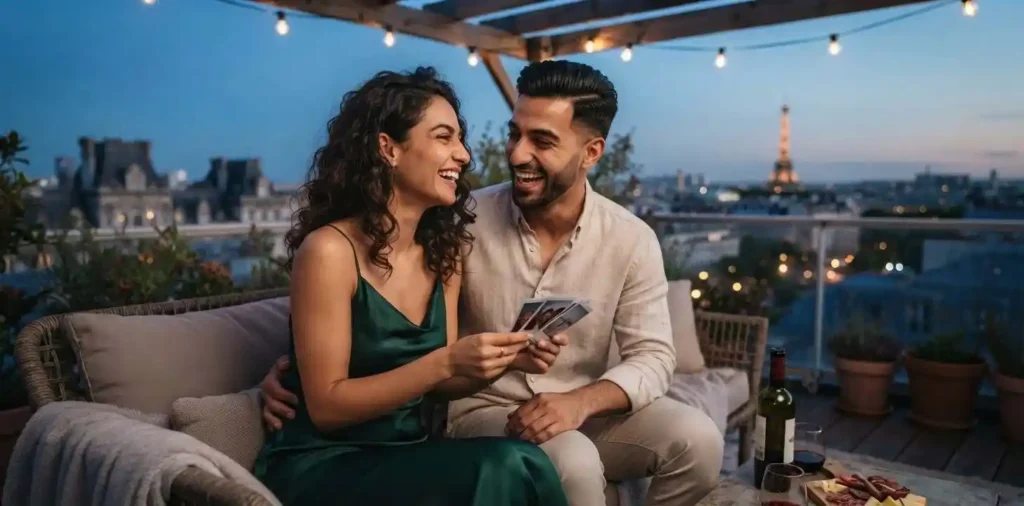 Couple reminiscing together on a city rooftop