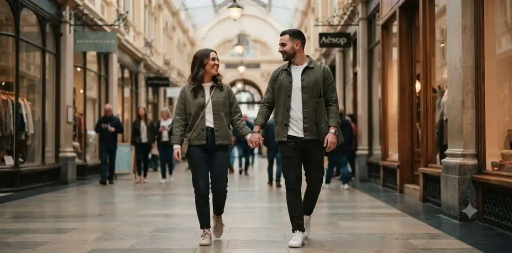 Couple wearing coordinated outfits indoors