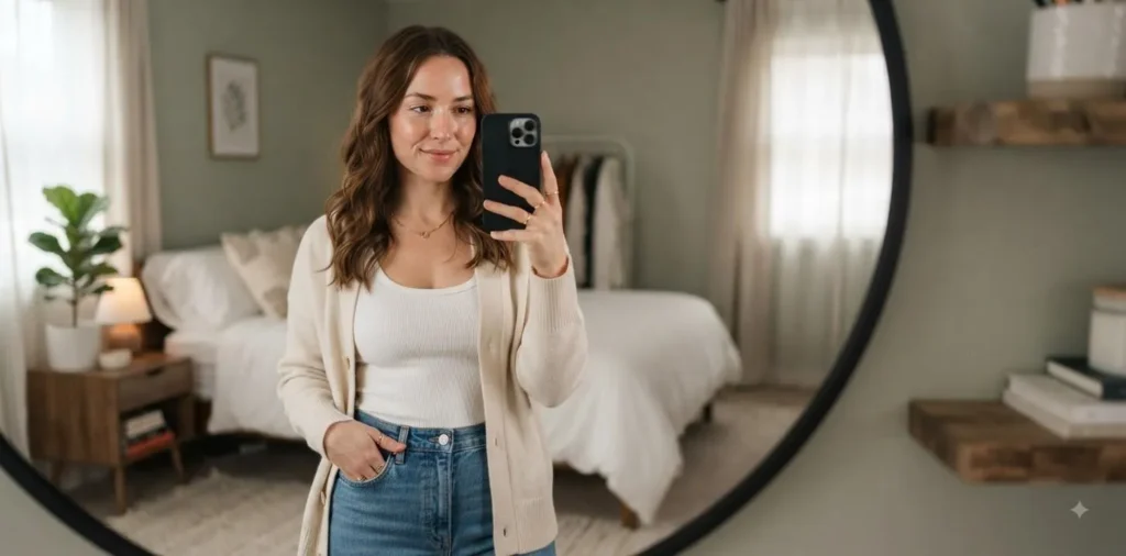 Woman taking a confident mirror selfie