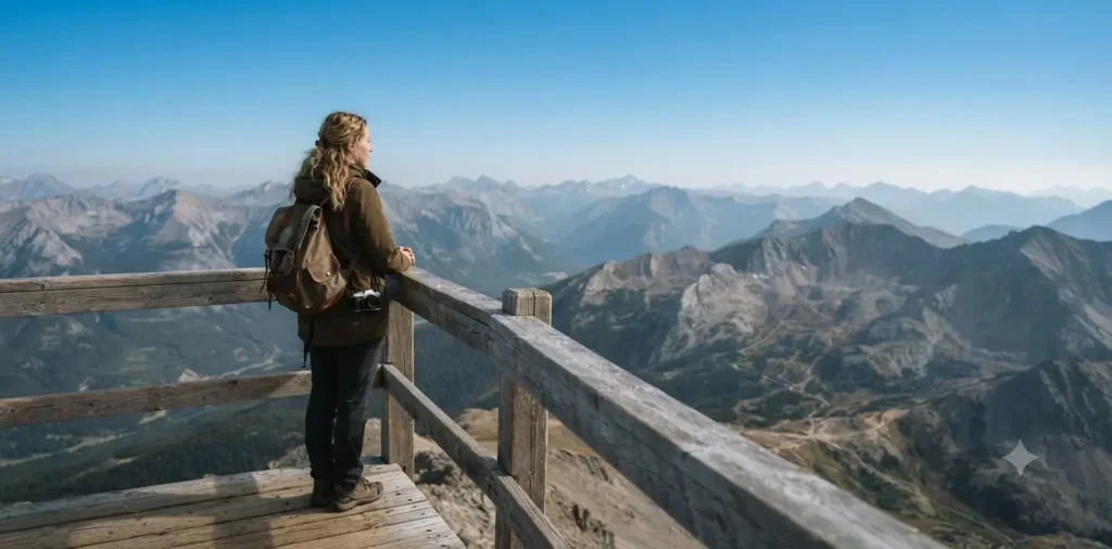 Traveler enjoying panoramic mountain viewpoint