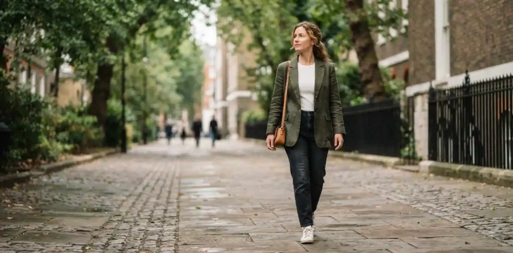 Woman walking forward with calm confidence