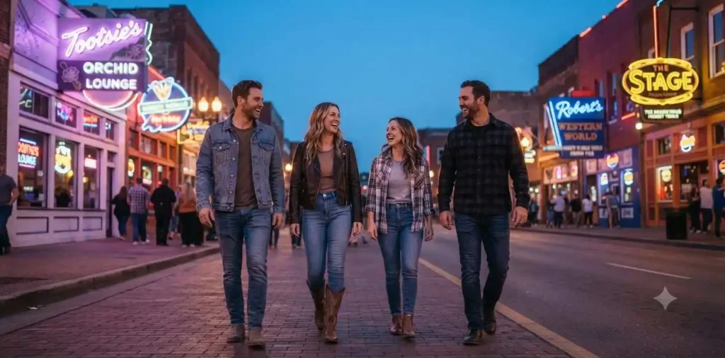 Friends exploring Nashville's famous music district