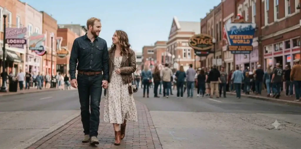 Couple walking through Nashville music district