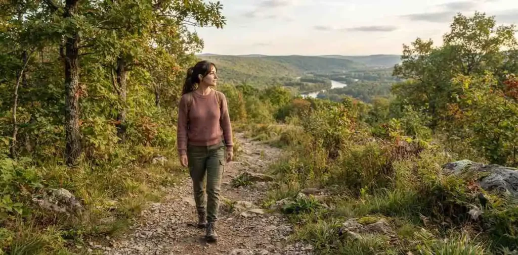 Person walking through a scenic September nature trail