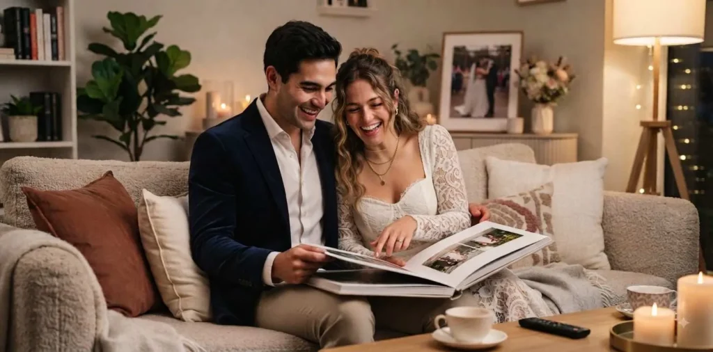 🏷️ Alt Text:
Newlywed couple laughing together indoors